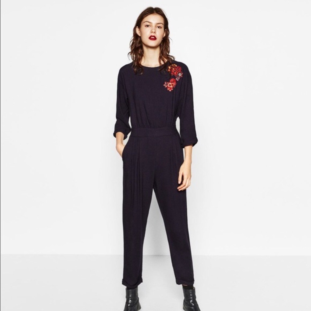 Zara Navy Blue Floral Embroidered Jumpsuit